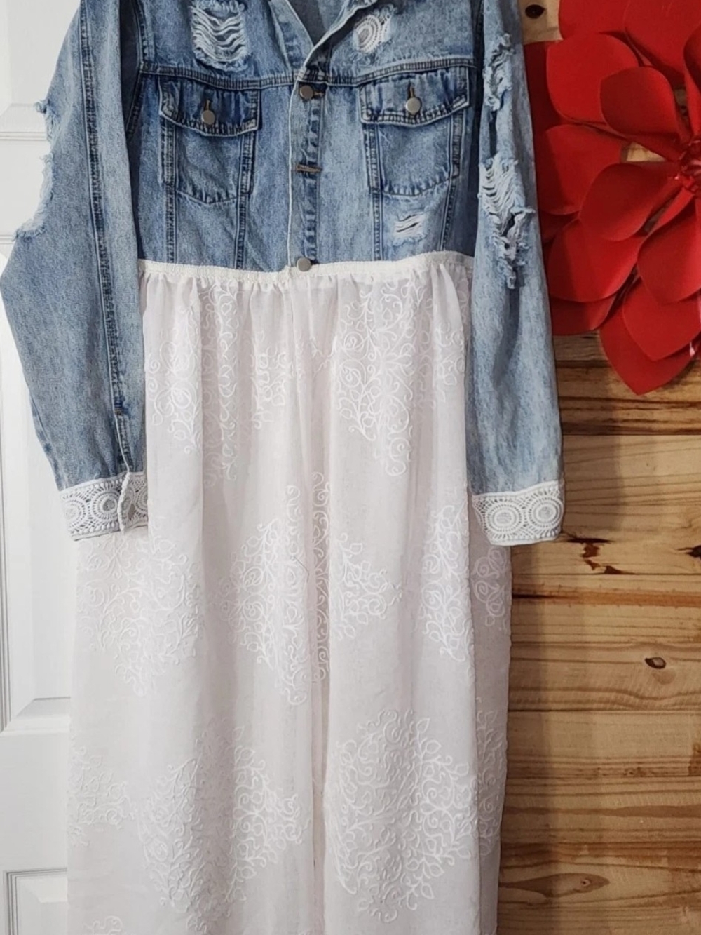 Umgee Light Blue Distressed Denim Jacket with White Lace Skirt